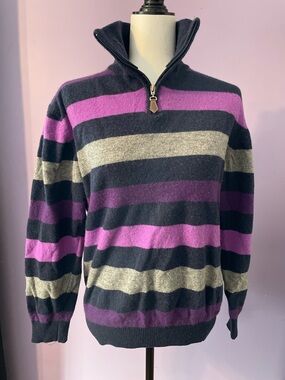 Wool Striped Half-Zip Sweater in Purple, Navy & Gray